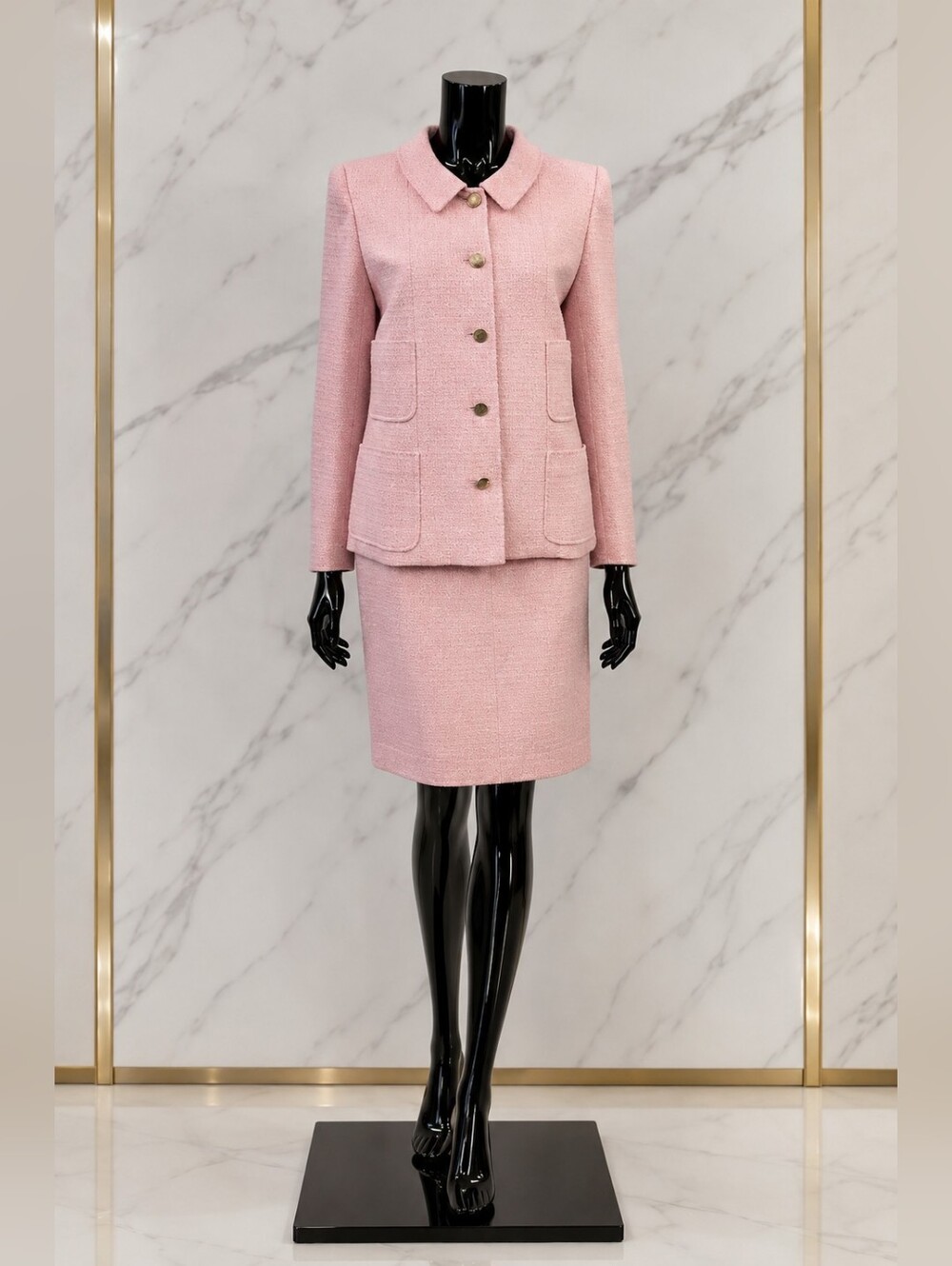 CHANEL Authentic 1998 Pink & White Tweed Skirt Suit Set Gold CC Buttons Sz 42
